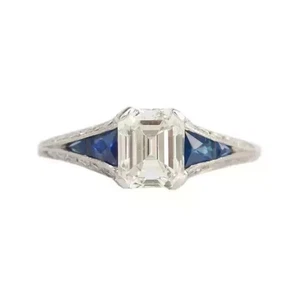 3CtArt Deco Style Lab Created Emerald Diamond Wedding 14K White Gold Finish Ring - Picture 1 of 11