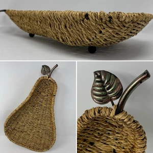 WICKER Woven Fruit Bread BASKET Pear Shaped METAL STEM Footed 16.5" Wall Decor - Picture 1 of 12