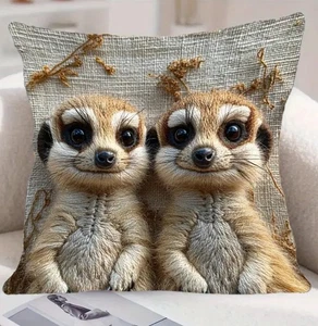 🇬🇧Velvety Feeling Cushion Cover 2D Faux Embroidered Very Cute Meerkat Couple - Picture 1 of 7