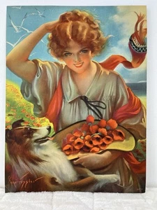 Stampa Country Lady Collie cappello di papaveri Gene Pressler 1944 calendario liberty vintage - Foto 1 di 12