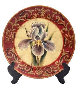 Red and Gold Scroll Bordered Purple Iris Decorative Plate 10” - Picture 1 of 3