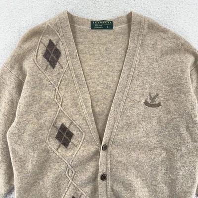 Vintage Lyle & Scott Lambswool Cardigan Sweater Mens Large Beige Argyle Knit 90s - Image 1 of 4