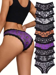 10pcs Women's Gothic Contrast Lace Halloween Skull & Rose Print Hipster Panti... - Picture 1 of 9