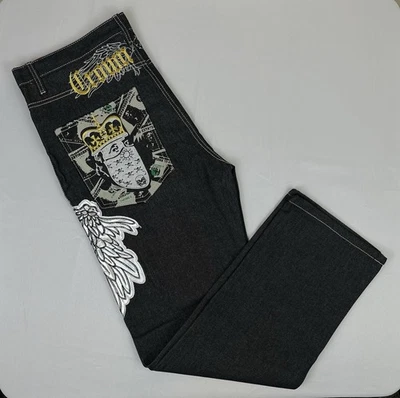 VTG CROWN HOLDER Dark Grey Jeans Men’s Size 36 Embroidered & Silver Wings New - Image 1 of 4