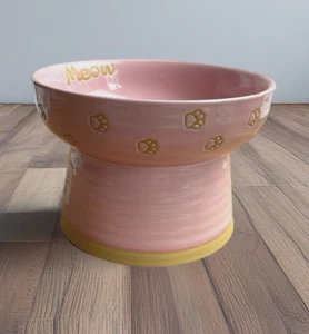 Cat Pet Dish Ceramic Pink Food Water Bowl Meow & Pawprints 4.25" NEW - Picture 1 of 6