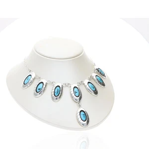 Sterling Silver Turquoise Necklace | 31.6g Artisan Oval Link Design | 16” - Picture 1 of 5