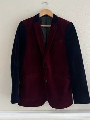 ASOS Velvet Single Breasted Burgundy Color Block Slim Fit Tuxedo Blazer Men’s 38 - Image 1 of 4