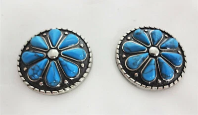Turquoise Flower Southwest Conchos Screw Back Western Horse Tack Sizes Pair New - Image 1 of 2