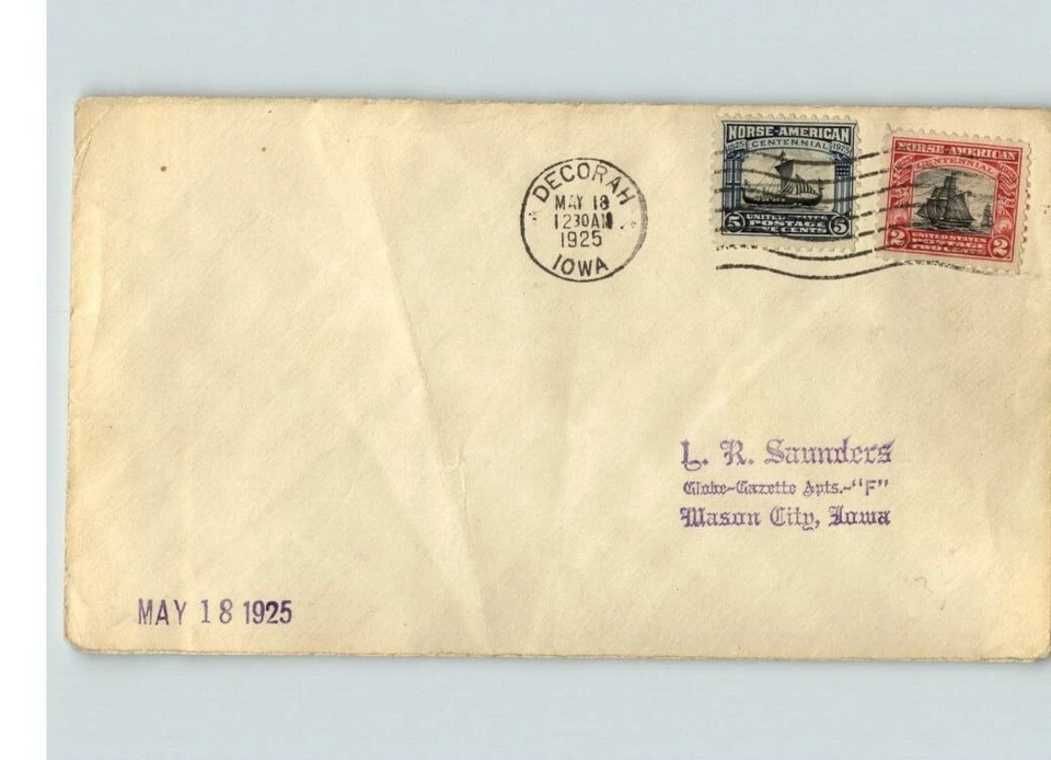 NORSE AMERICAN, 1925 First Day of Issue canc. DECORAH, IOWA, both stamps # 620 & - Image 1 of 1