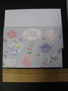 Piedra preciosa FELIZ CUMPLEAÑOS Tarjeta de felicitación Flores Tetera con sobre Nuevo de Lote Antiguo - Imagen 1 de 3