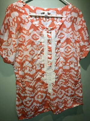 Banana Republic Cotton Print Blouse Top Women's Large Orange Fancy Neck Casual - Image 1 of 4