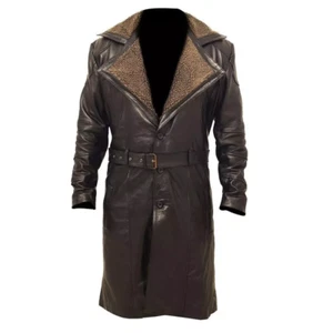 Men's German Belted WW2 Blade Runner Fur Brown Leather Trench Long Coat Jacket - Picture 1 of 4
