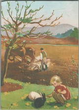 Farmer Walks Behind Horses Plowing Child Plays with Rabbits Hameenlinna Finland