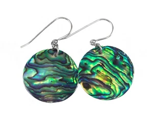 Abalone Earrings Round Peacock Blue Green Light MOP Simple 14k Gold Sterling - Picture 1 of 8