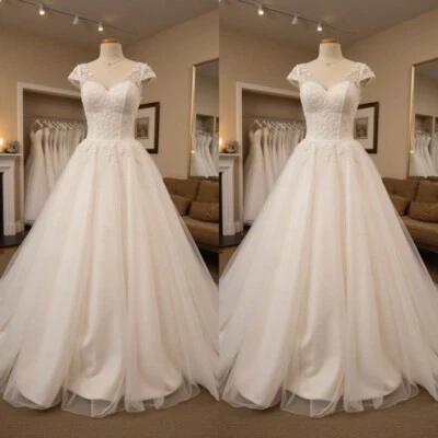 Wedding Dresses V Neck Short Sleeves A Line Lace Appliques Train Bridal Gowns - Image 1 of 4