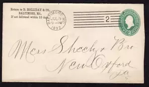 1892 D HOLLIDAY & CO BALTIMORE MD CUBIERTA PARA SHEELY BROTHERS NUEVO OXFORD*SOBRE - Imagen 1 de 2