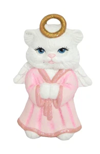 Vtg Xmas Ornaments White Cat Kitten Pink Robe Angel Painted Ceramic Both Sides - Picture 1 of 2