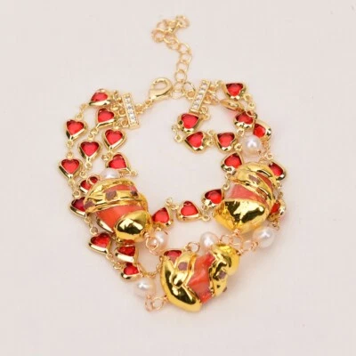 Brazalete de cadena de cristal con rama de coral naranja borde dorado perla blanca natural de 3 filas Foto 1 de 4