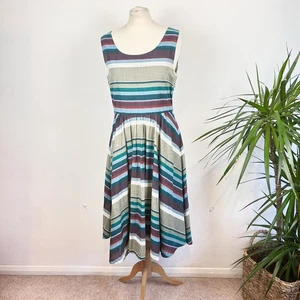 Seasalt Smeatons Pier Dress UK 14 Green Red Striped Linen Mix Fit Flare Coastal - Picture 1 of 15