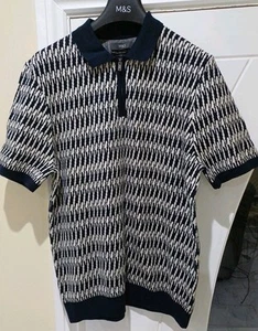 M&S COLLECTION Cotton Rich Zip Up Knitted Polo Shirt Size M 38-40in NAVY MIX - Picture 1 of 7