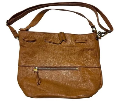 Fossil Vickery Drawstring Tan Leather Bucket Satchel Crossbody Purse Boho Retro - Image 1 of 4