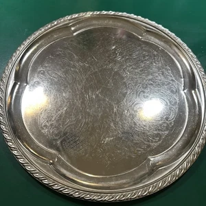 Silver Plate Tray Round Etched Scrolls Rope Edge 14 in Vintage - Picture 1 of 3