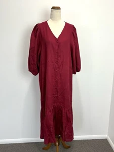 Adorne Womens Maxi Dress Size 16 XL Burgundy Button Up Linen Tiered Boho Peasant - Picture 1 of 12