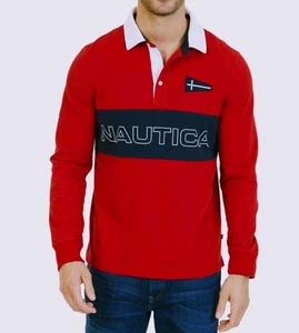 Nautica Classic Fit Rugby Shirt Red Sail Chest Logo Long Sleeve Polo XL - Picture 1 of 12