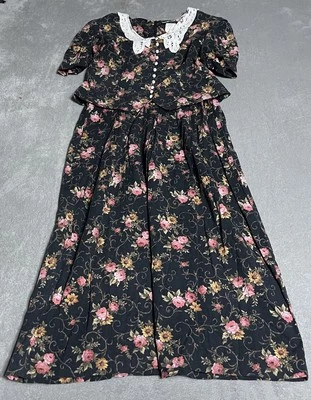 Vintage Miss Dorby Dress Womens 14 Black Floral Button Maxi Modest Lace Collar - Image 1 of 4