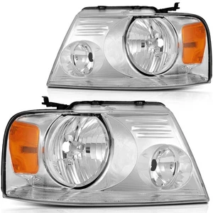 Headlight Assembly Set For Ford F-150 4.2/4.6L 5.4L 04-08 Chrome Housing Halogen - Picture 1 of 9