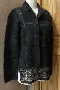 90s Y2K Black Suede Genuine Leather & Crochet Jacket Hippie Boho Size S EUC - Picture 1 of 10