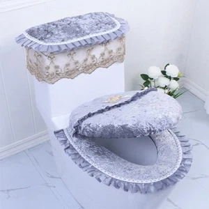 3PCS Toilet Seat Cover Set Grey Toilet Seat Lid Tank Cover for Bathroom Lace ... - Picture 1 of 6