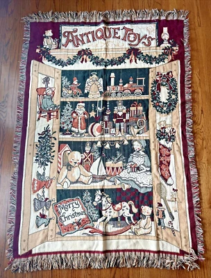 Christmas ANTIQUE TOYS Tapestry Woven Afghan Throw Blanket by Fieldcrest Fringe - Image 1 of 4