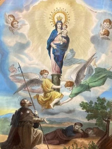 Grabado iluminado de la Virgen del Pilar con Santiago. Jacobus Houbraken. Leer - Imagen 1 de 5
