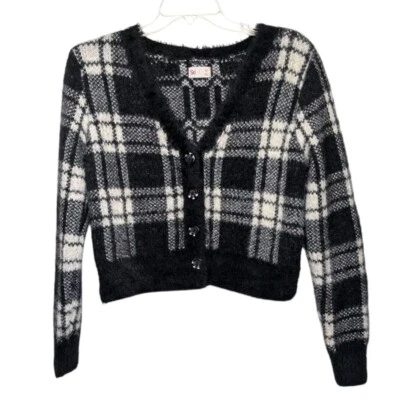 So Juniors Cropped Fuzzy Cardigan 毛衣 全新带标签 黑色 奶油色 全新 — 第 1/4 张图片