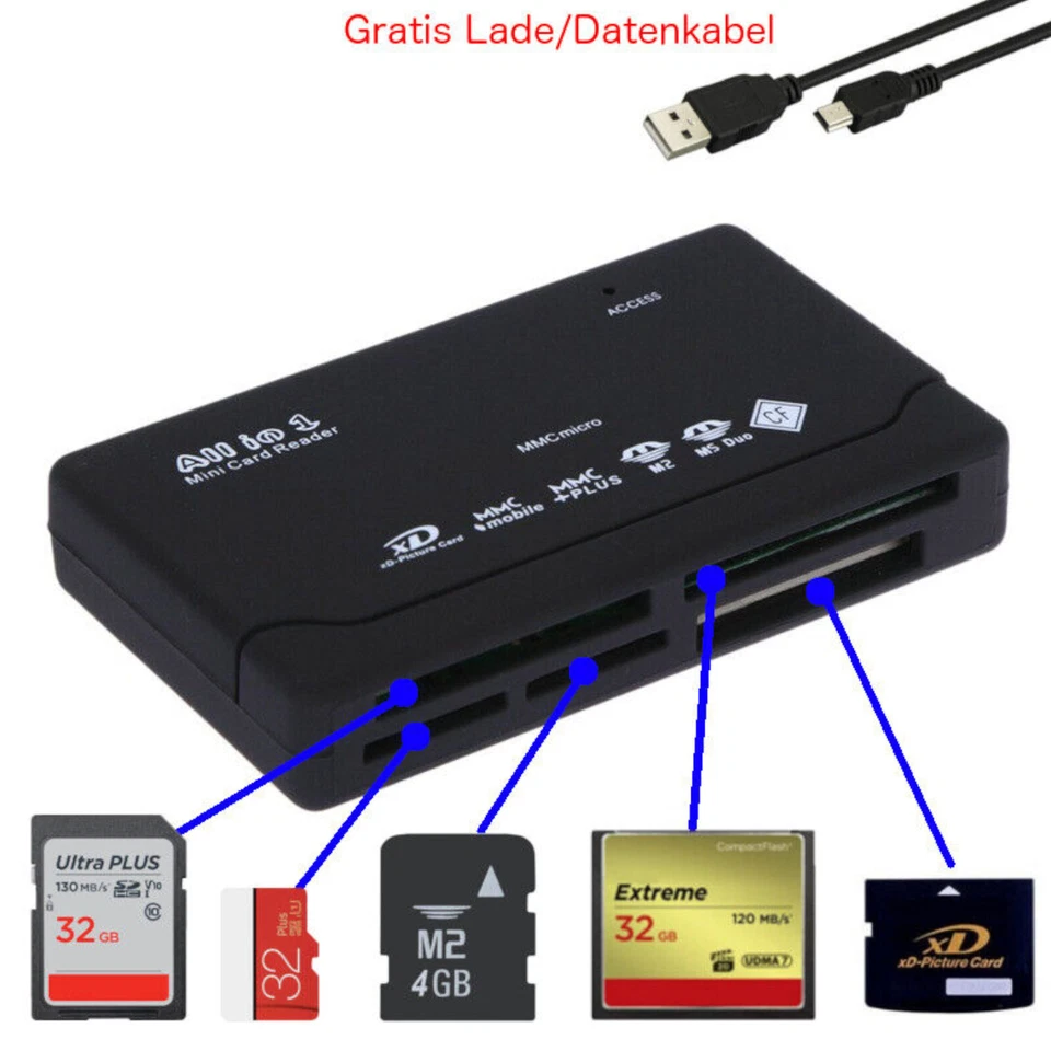 ALL-IN-ONE Kartenleser Speicherkarten USB Kartenlesegerät CF/SD/xD/MS/SDHC NEU - Bild 1 von 4