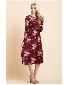 Moonlite Path Floral Print Midi Dress with Round Hem and Pockets in Wine - Picture 1 of 4