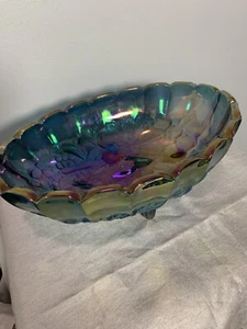 Indiana Glass Iridescent Harvest Grape Blue Purple Carnival Footed Oval Bowl - Picture 1 of 11