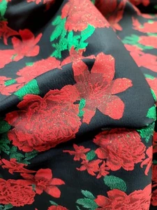 FABRIC SOLD BY THE YARD BROCADE RED FLORAL BLACK TEXTURED JACQUARD FOR DRESS - Picture 1 of 12