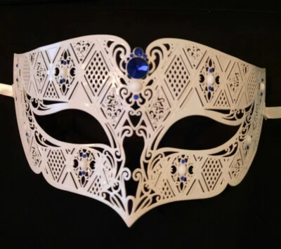 White Blue Men Laser Cut Diamond Design Masquerade Metal Mask - Image 1 of 3