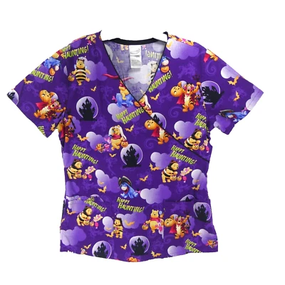 Disney Scrub 女式紫色小号小熊 Eeyore 万圣节快乐闹鬼 — 第 1/4 张图片