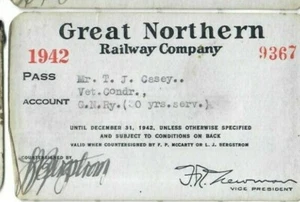 1942 GREAT NORTHERN RAILWAY G.N.RY. VETERAN DIRIGENT MITGLIED PASS KARTE - Bild 1 von 2