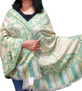 Einzigartiger warmer leichter Damen-Paisley-Schal Wolle grün Wickeloptik Indien 80 Zoll - Bild 1 von 4