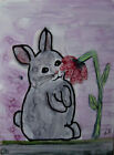 ACEO art PRINT gray baby Bunny flower by Lynne Kohler 2.5x3.5"