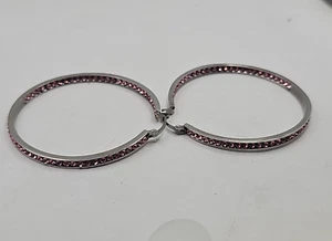 Silver Hoop Earrings With Pink Inside Out Rhinestones - Picture 1 of 9