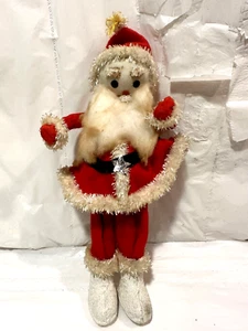 Vtg MCM 9.5" Xmas SANTA Doll Felt Outfit W Chenille Trim Cloth Face White Boots - Picture 1 of 7