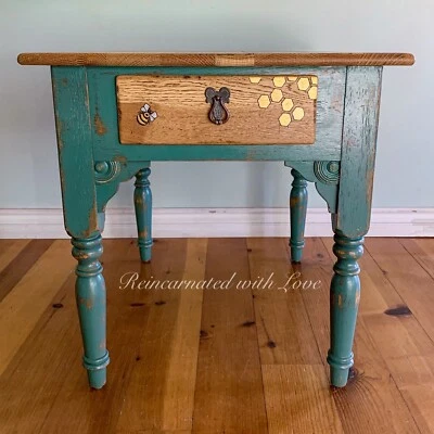 farmhouse end table, w/ honeycomb & bee accents, side table, accent tables - Image 1 of 4