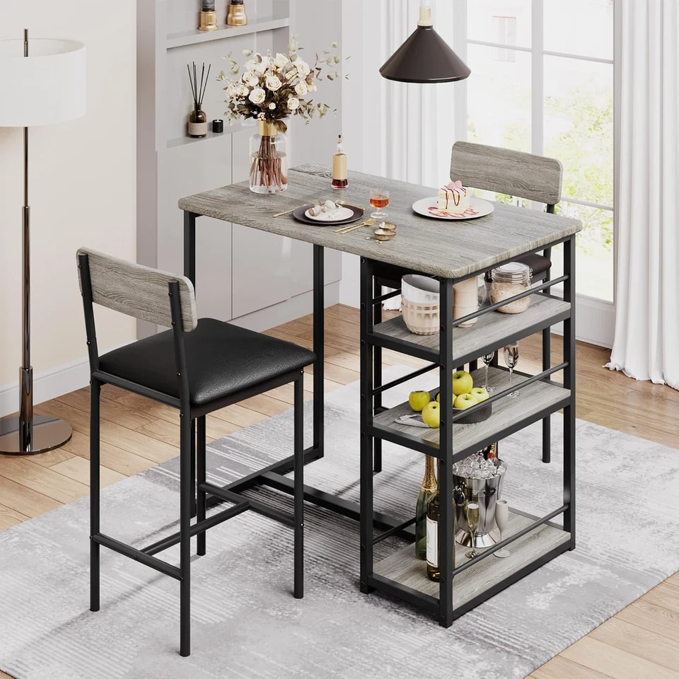 Dining Table Set for 2 with 3 Storage Shelves, 3-Piece Table Set with 2 Stools - Image 1 of 1