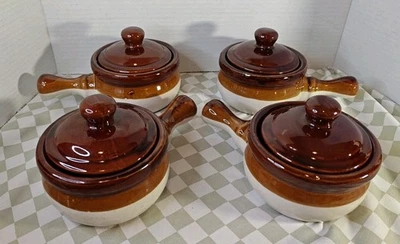 Juego de 4 cuencos y tapas y asas de gres individuales vintage firmados Foto 1 de 4