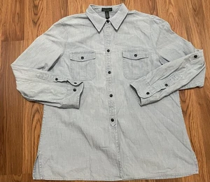 Lauren Ralph Lauren Shirt Womens Large Blue Chambray Roll Tab Aztec Embroidery - Picture 1 of 11